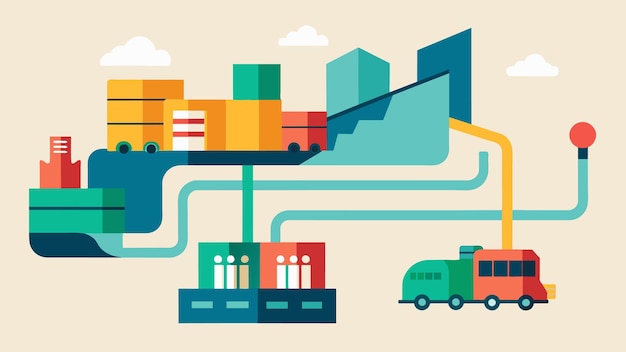 Vector een gefocuste afbeelding van een kaart met kleurrijke lijnen die productiefaciliteiten met lokale distributie verbinden