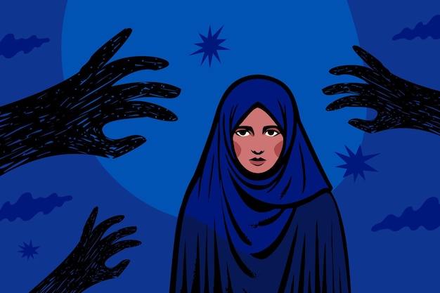 Vector een gefrustreerde jonge moslimvrouw en silhouetten van zwarte handen om haar heen.