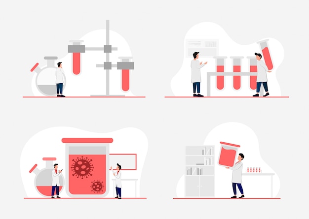 Vector een geïllustreerd concept van onderzoekslaboratoria, wetenschappers die in laboratoria werken