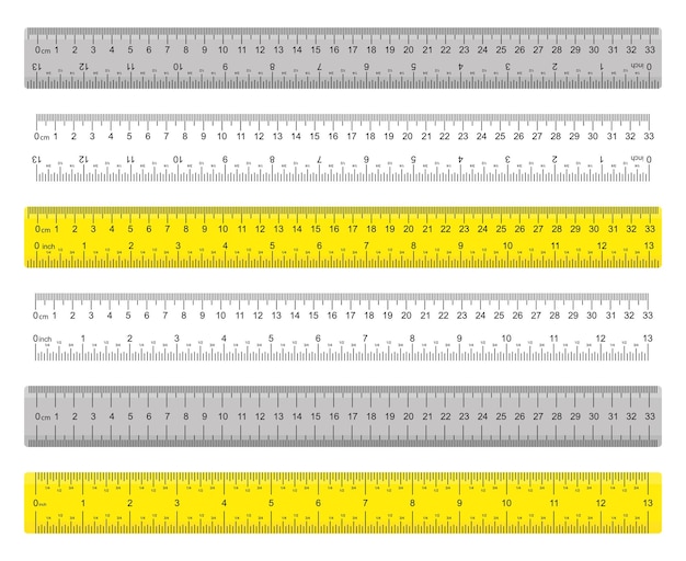 Vector een gele liniaal gemarkeerd met centimeters inches en gecombineerde rechthoekige vormen uitvoer inch lijn vectorafbeeldingen op een witte achtergrond