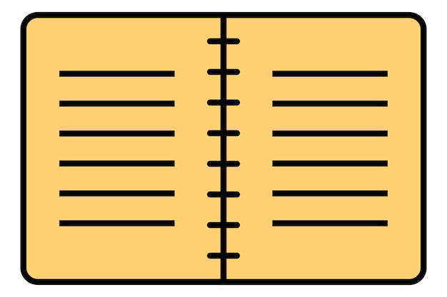 Een gele notebook met zwarte omtrek platte vector pictogram Geopende eenvoudige boekpictogram