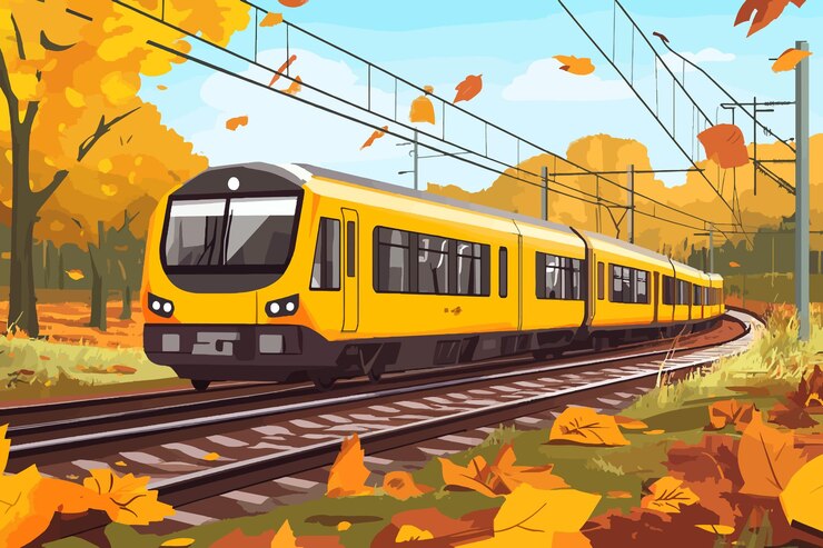 Vector een gele trein met het nummer 4 aan de voorkant gaat de rails af