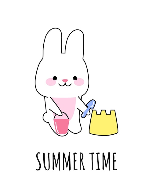Een gelukkig konijn bouwt een zandkasteel Het concept van zomertijd Vector kawaii illustratie voor print kaart poster banner sjabloon