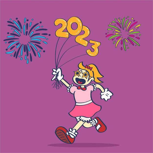 Een gelukkig meisje houdt 2023 ballon vector nieuwe jaar illustratie cartoon stijl