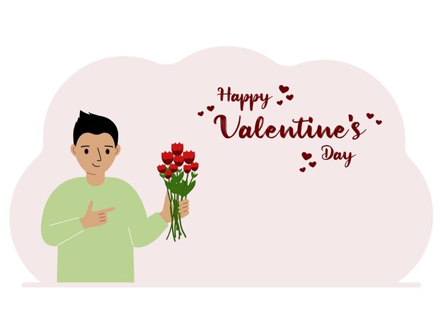 Een gelukkige kleine jongen houdt een boeket bloemen in zijn hand Naast de tekst Happy Valentine's Day Concept voor ansichtkaart gefeliciteerd spandoek of poster
