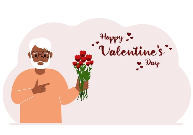 Een gelukkige man houdt een boeket bloemen in zijn hand Naast de tekst Happy Valentine's Day Concept voor ansichtkaart gefeliciteerd spandoek of poster