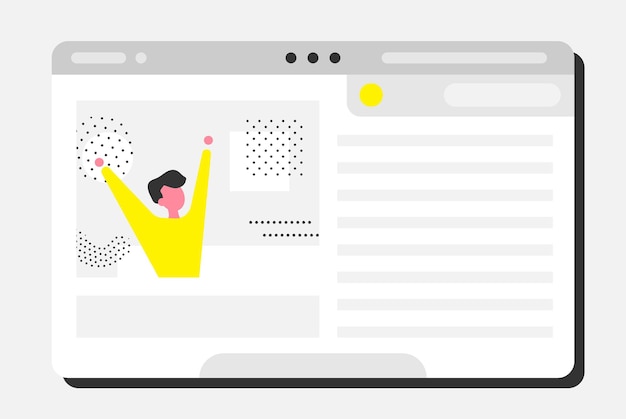 Een gelukkige man kijkt uit een computervenster Concept eenvoudige vlakke afbeelding van een webpagina Digitaal artikel Succes prestatie activiteit in sociale netwerken overwinning opstarten reclame marketing