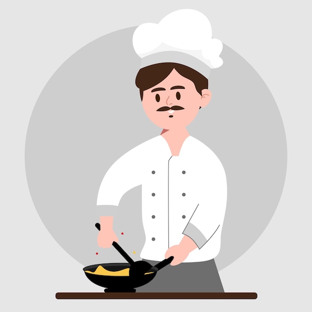 Een gelukkige mannelijke kok die met een pan illustreert