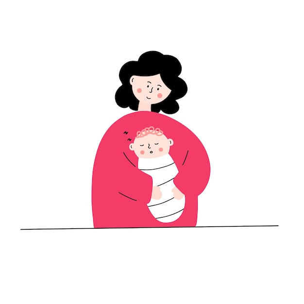 Een gelukkige moeder houdt haar pasgeboren baby in haar armen. Vlak en illustratie
