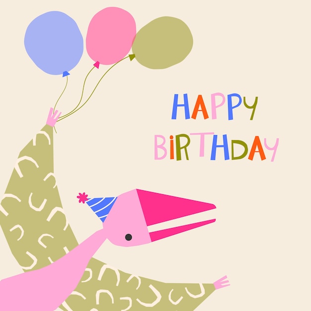 Een gelukkige verjaardagskaart met een roze dinosaurus en ballonnen Verjaardag cartoon ontwerp Dinosaurus