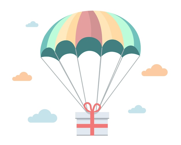 Een geschenk valt aan een parachute uit de lucht