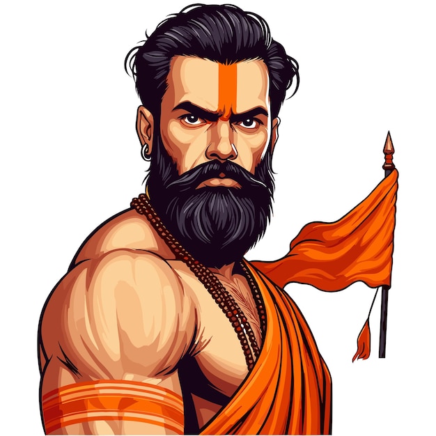 Vector een gespierde hindoe man en oranje tilak met en een saffraan bhagva vlag in zijn hand vector