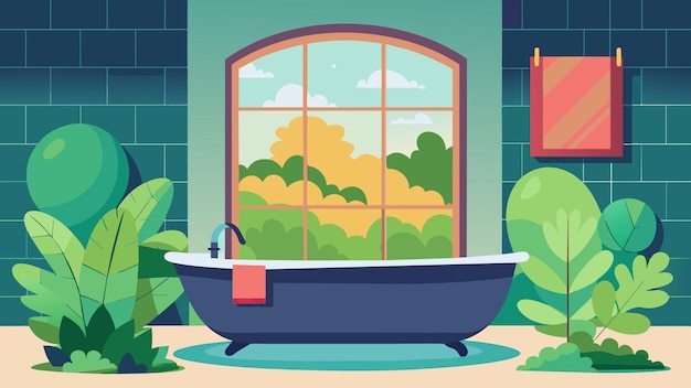 Een gezellige badkuip naast een groot raam met een adembenemend uitzicht op een weelderige tuin