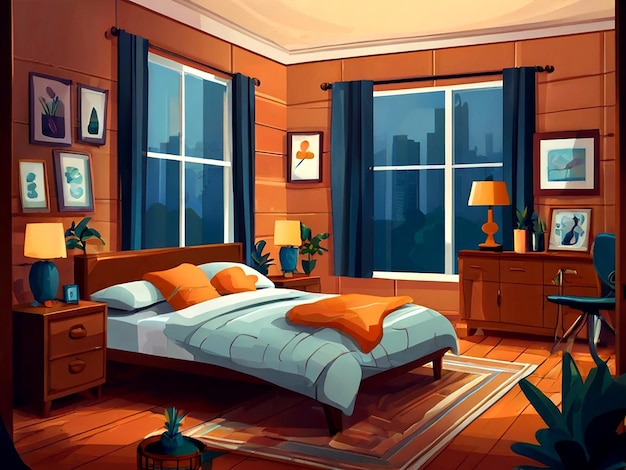 Vector een gezellige slaapkamer scène met cartoon illustraties geïsoleerd