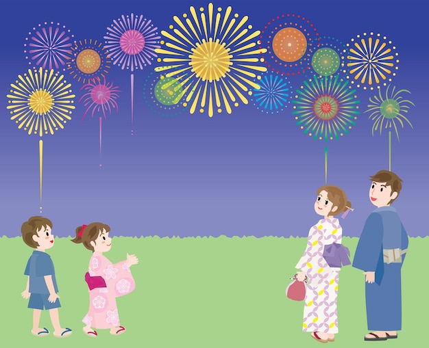 Een gezin kijkt naar vuurwerk.