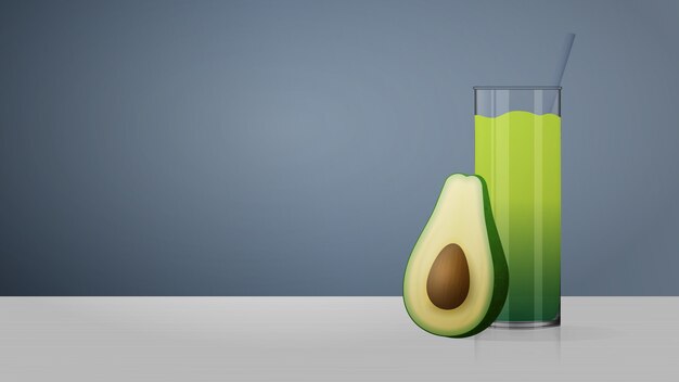 Een glas avocado sap op tafel. Smoothies. Halve avocado met bot. Grijze achtergrond met plaats voor tekst. illustratie