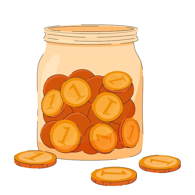 Vector een glazen pot gevuld met munten concept financiële geletterdheid spaargeld bankdeposito's tips donatie