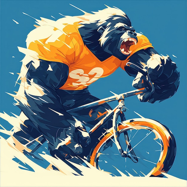 Een gorilla die op een fiets rijdt in cartoon stijl