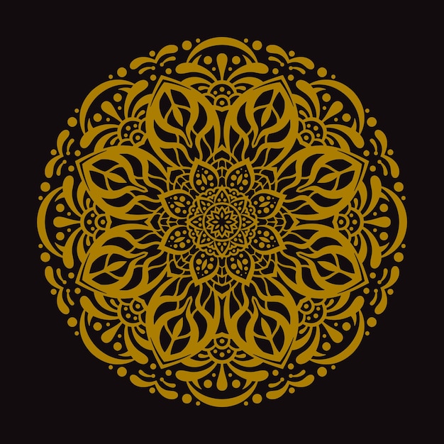 Een gouden mandala op een zwarte achtergrond met een complex geometrisch ontwerp