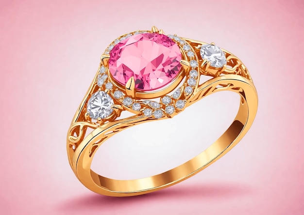 Een gouden ring met een roze steen en diamanten erop vectorillustratie