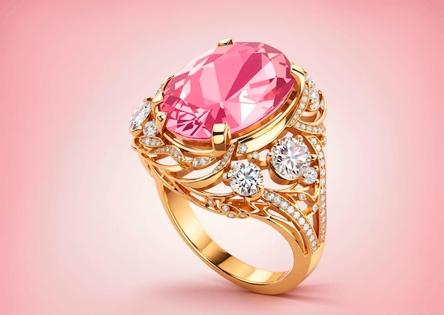 Een gouden ring met een roze steen en diamanten erop vectorillustratie