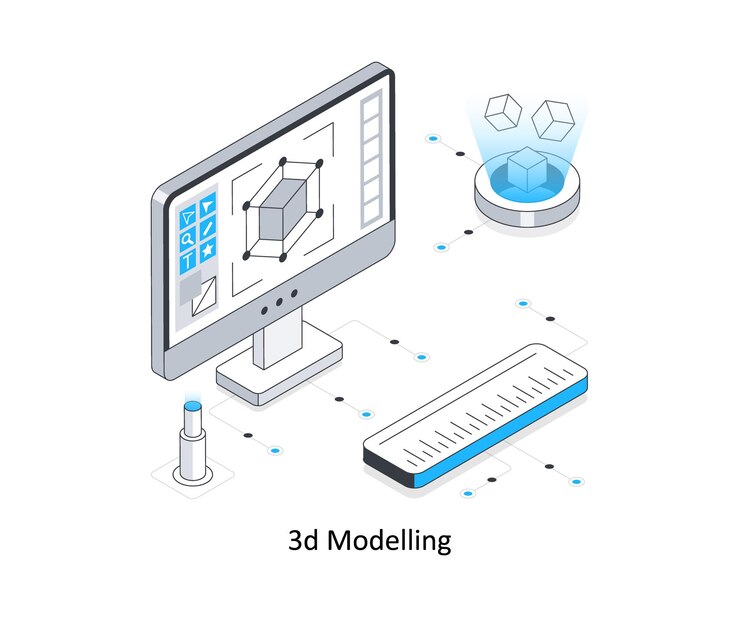 Vector een grafiek van een 3d-modelmodel met een modeldiagram op het scherm