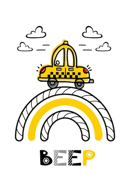 Een grappige kleine gele taxi-auto snelt langs de regenboog tussen de wolken kinderillustratie in doodle-stijl voor stickers, posters, ansichtkaarten, ontwerpelementen