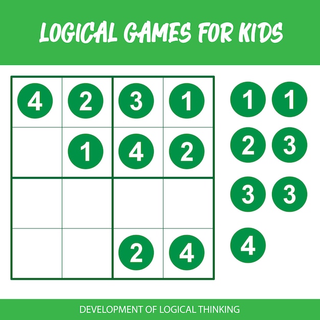 Een groen bord met de woorden "logische spelletjes voor kinderen" erop.