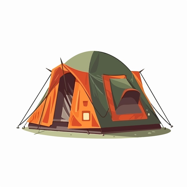 Een groen met oranje tent met het woord camping erop.