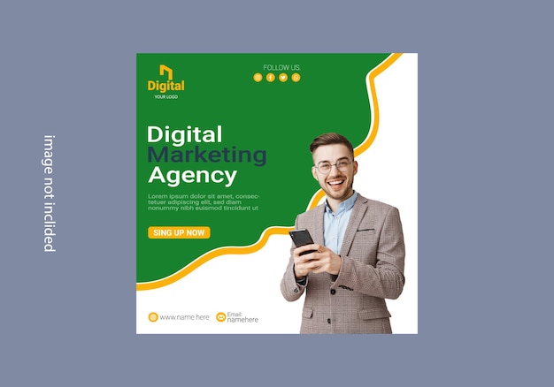 Een groen-witte poster voor een digitaal marketingbureau.