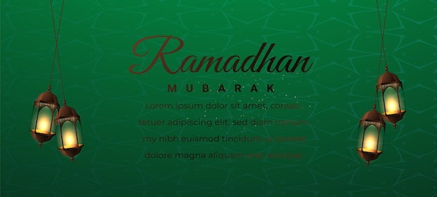 Een groene achtergrond met de woorden ramadan mubarak erop geschreven.