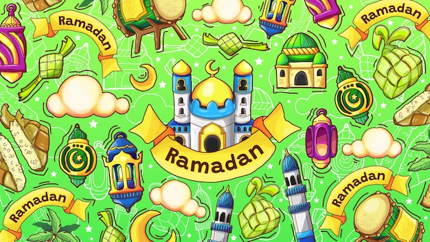 Een groene achtergrond met een afbeelding van een moskee en een spandoek waarop ramadan staat.