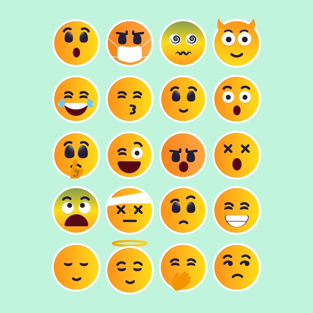 Vector een groene achtergrond met een set emoticons met verschillende emoties.