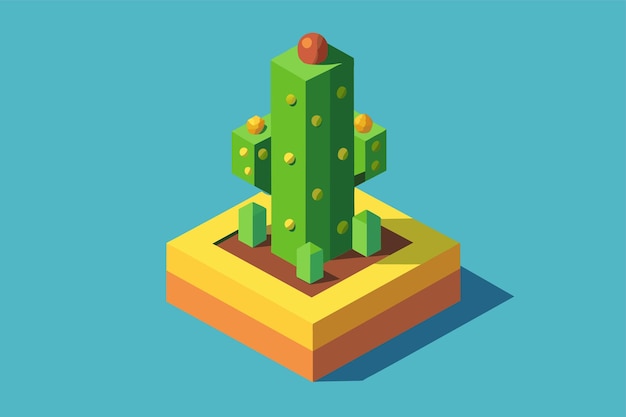 Vector een groene cactus wordt bovenop een geel blok geplaatst in een eenvoudige en moderne omgeving blauwdruk illustratie van een complexe mechanische structuur