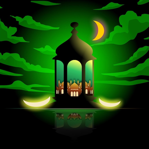 Een groene en zwarte achtergrond met een lantaarn en de maan aan de hemel