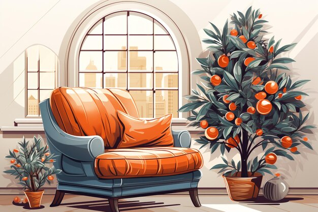 Een groene kamer met een groot raam en een blauwe hemel moderne interieurontwerp witte meubels oranje
