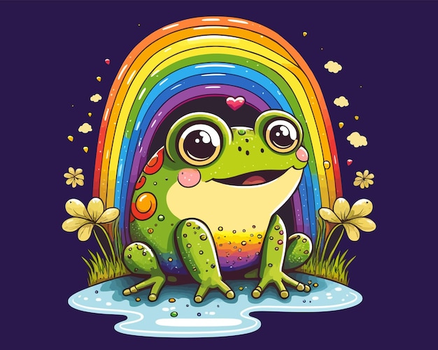 Een groene kikker zit in een plas onder een kleurrijke regenboog