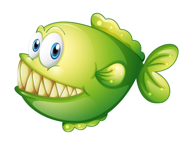 Een groene vis met grote ogen en een grote groene vis met scherpe tanden