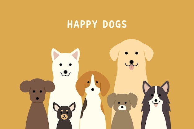 Een groep gelukkige honden illustratie poster Cartoon stijl platte vector huisdieren clipart achtergrond