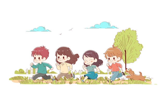 Een groep gelukkige kinderen die naar de rivier rennen om te zwemmen.