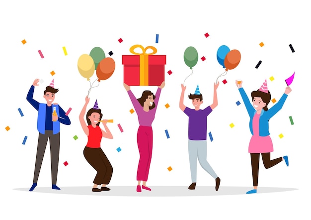 Een groep gelukkige mensen stak hun hand op om de vakantie te vieren Vrouwen met geschenkdozen die plezier hebben met vrienden een feest met ballonnen en champagne Vlakke stijl cartoon illustratie vector