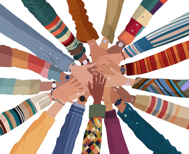 Een groep handen op elkaar gestapeld Diverse multiculturele mensen die diversiteit omarmen