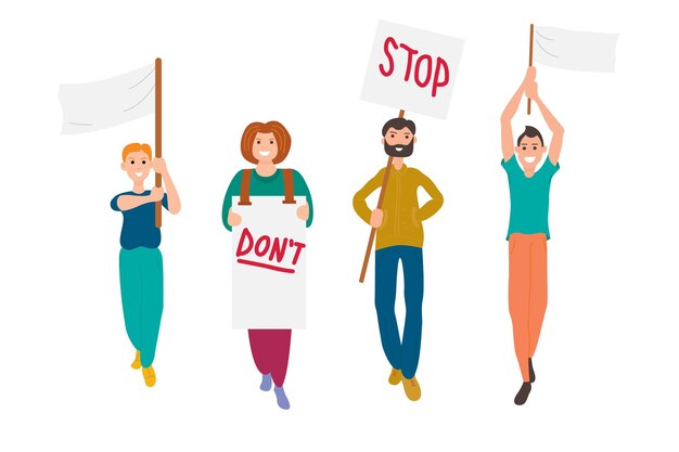 Een groep jongeren neemt deel aan een optocht, rally of demonstratie. Mannen en vrouwen houden elkaars hand vast en sommigen houden posters in hun handen. Platte vectorillustratie op een witte achtergrond.