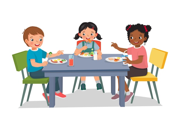 Een groep kinderen die samen lunchen in de schoolkantine.