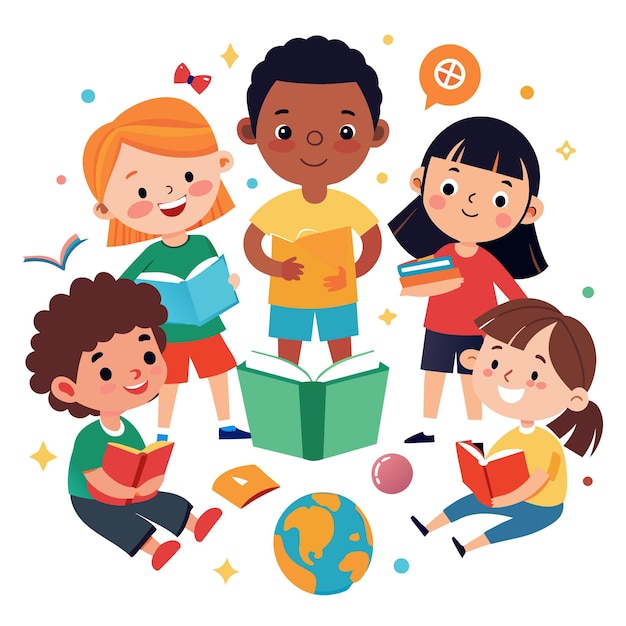 een groep kinderen zit rond een boek met het woord "kinderen" erop