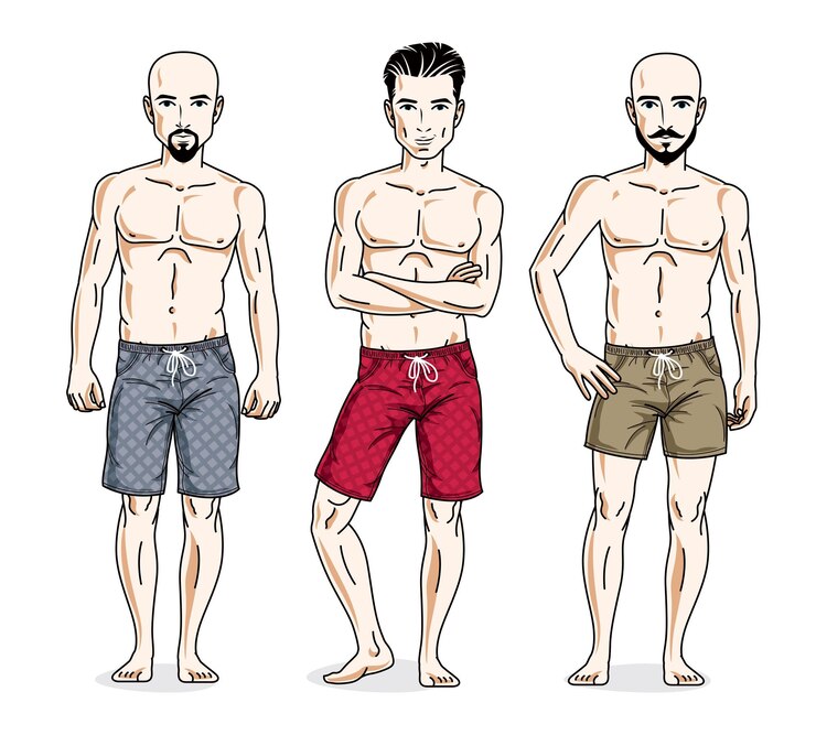 Vector een groep knappe mannen staat met een perfect lichaam en draagt een korte strandbroek. vector verschillende mensen tekens ingesteld. lifestyle thema mannelijke karakters.