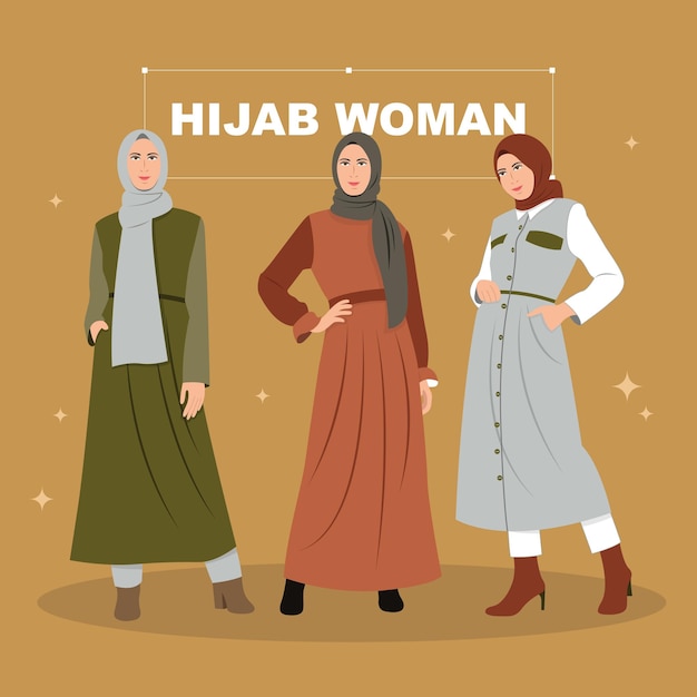 Vector een groep moderne jonge moslimvrouwen in trendy kleding en hijab.
