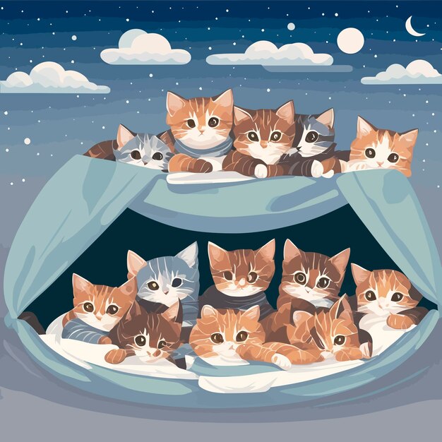 Een groep schattige kittens knuffelde samen in een gezellig dekenfort