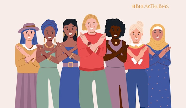 Een groep vrouwen van verschillende nationaliteiten met hun handen gekruist break the bias-campagne