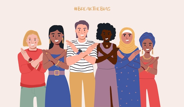 Een groep vrouwen van verschillende nationaliteiten met hun handen gekruist break the bias-campagne